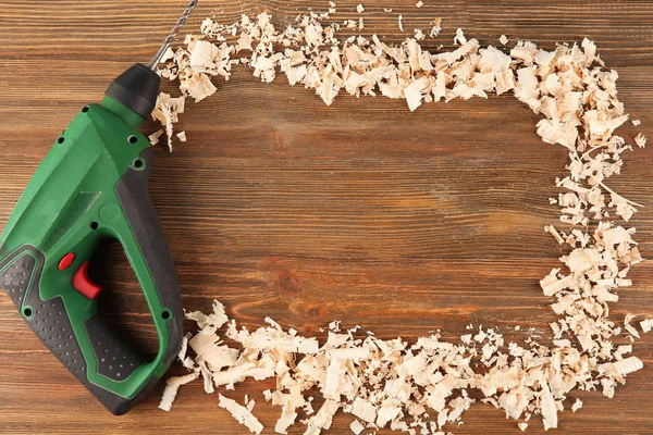Electric Drill Shavings Carpenter Wooden Background — Stock Photo, Image