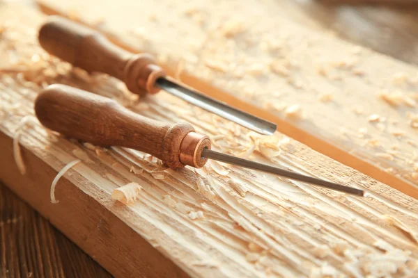 Chisels Wooden Boards Sawdust Carpenter Workshop — Stock Photo, Image