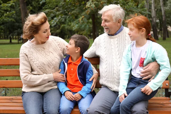 Senior Paar Hun Kleinkinderen Zittend Bankje Park — Stockfoto