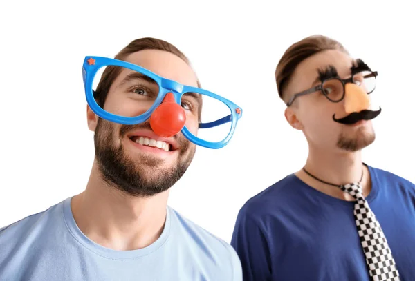 Young Friends Funny Disguise Posing Light Background April Fool Day — Stock Photo, Image