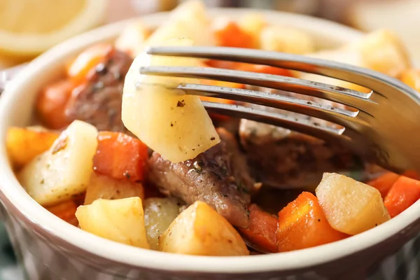 Fork Bowl Tasty Meat Potatoes Close — Stock Photo, Image