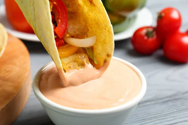 Fish Taco Dipped Sauceboat Tasty Creamy Tomato Sauce Wooden Table — Stock Photo, Image