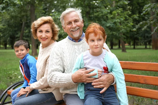 Senior Paar Hun Kleinkinderen Zittend Bankje Park — Stockfoto