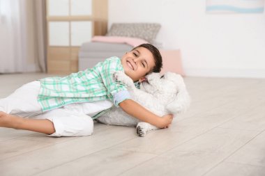 Küçük çocuk ve bichon frise köpek evde oynamak