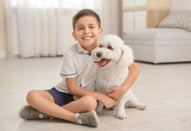 Küçük çocuk ve bichon frise köpek vasıl ev