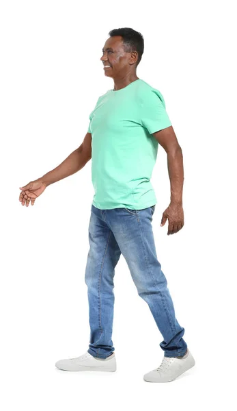 Mature African American Man Walking White Background — Stock Photo, Image
