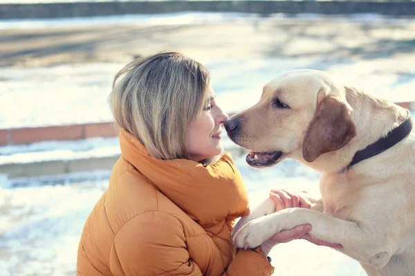 Mujer Con Lindo Perro Aire Libre Día Invierno Amistad Entre —  Fotos de Stock