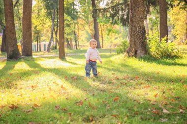 Sonbahar parkta oynayan sevimli küçük kız