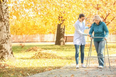 Senior woman with walking frame and young nurse in park clipart