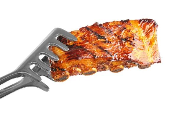 Forceps Delicious Grilled Ribs White Background — Stock Photo, Image