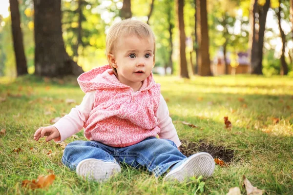 Αξιολάτρευτο Κοριτσάκι Που Κάθεται Στο Γρασίδι Στο Πάρκο Φθινόπωρο — Φωτογραφία Αρχείου