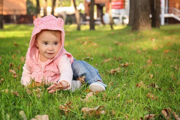 Sonbahar Park Çimenlerin Üzerinde Oturan Sevimli Küçük Kız — Stok fotoğraf