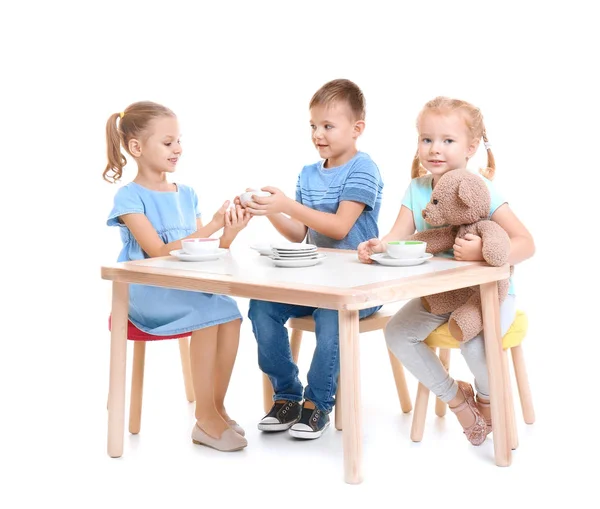 Schattige Kleine Kinderen Spelen Witte Achtergrond — Stockfoto