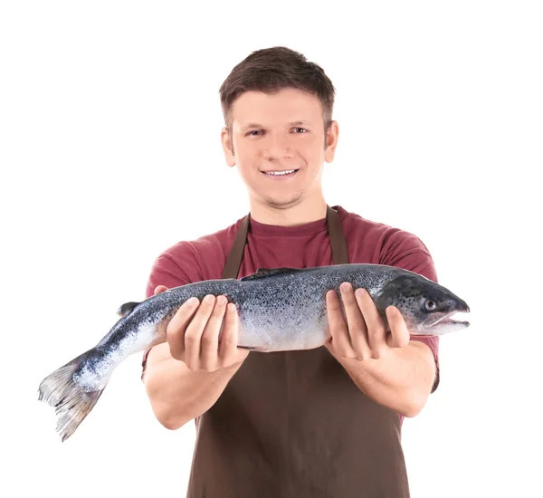 Jonge Man Houden Van Verse Rauwe Zalm Geïsoleerd Wit — Stockfoto