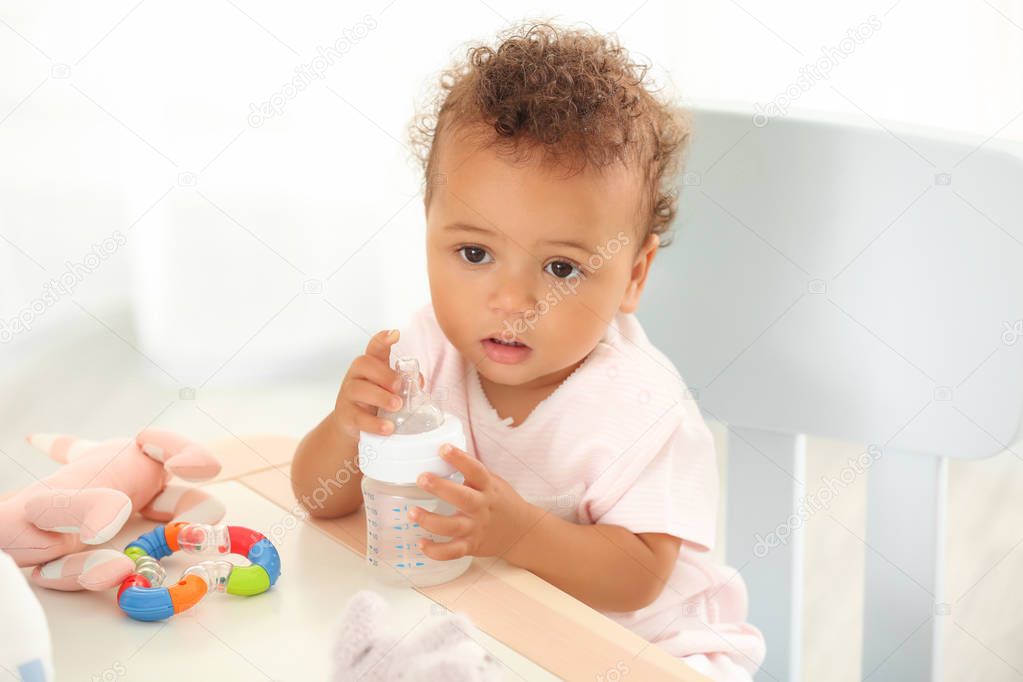Cute baby with bottle of water indoors
