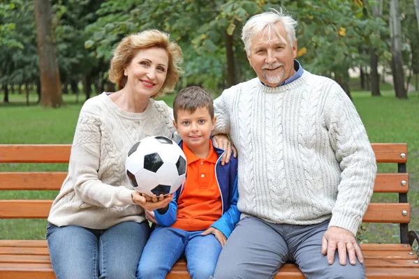 Senior paar en hun kleinzoon met bal zitten op bankje in park — Stockfoto