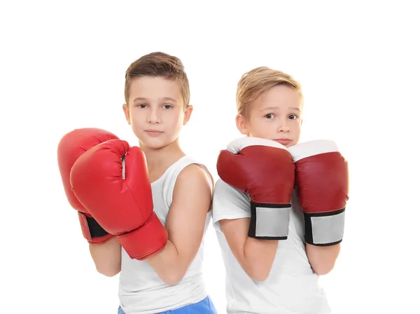 Söta Små Pojkar Boxning Handskar Vit Bakgrund — Stockfoto