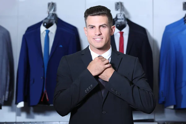 Handsome Young Man Wearing Suit Shop — Stock Photo, Image