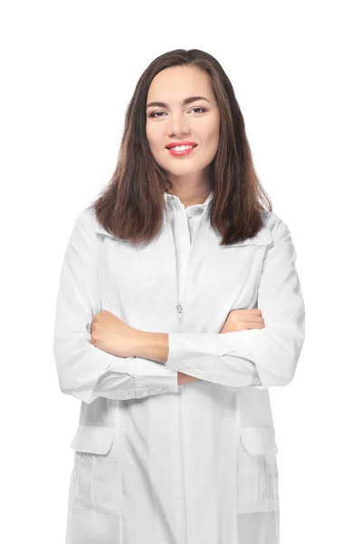 白色背景有吸引力的女药剂师 — 图库照片
