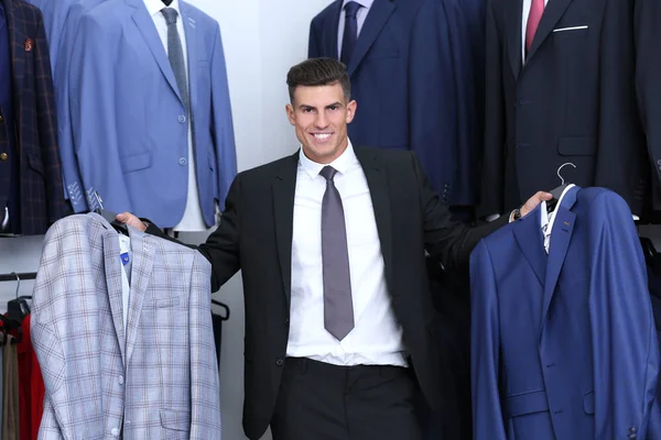Handsome Young Man Choosing Suit Shop — Stock Photo, Image