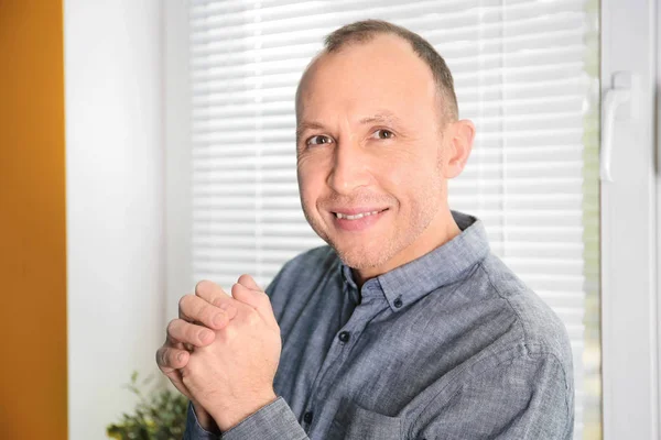 Attractive Mature Man Window Indoors — Stock Photo, Image