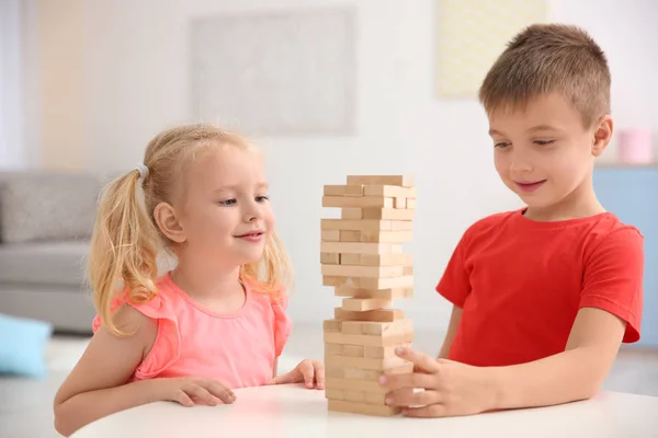 Cute Little Children Playing Building Blocks Home — Stock Photo, Image