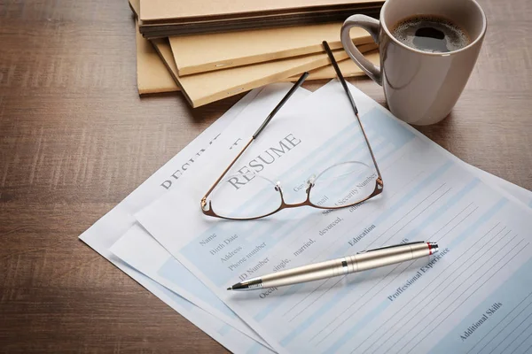 Resume Forms Glasses Cup Coffee Table Closeup Job Interview — Stock Photo, Image