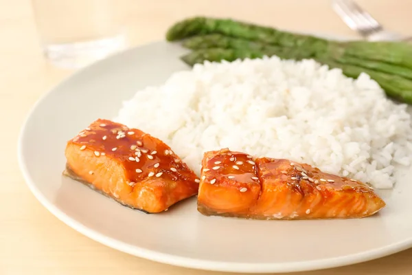 Fish Fillet Served Rice Asparagus Sticks Plate — Stock Photo, Image