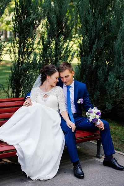A noiva e o noivo sentam-se num banco. O noivo abraça a noiva — Fotografia de Stock