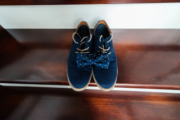 Groom\'s blue suede shoes and a blue dotted bow tie on the stairs