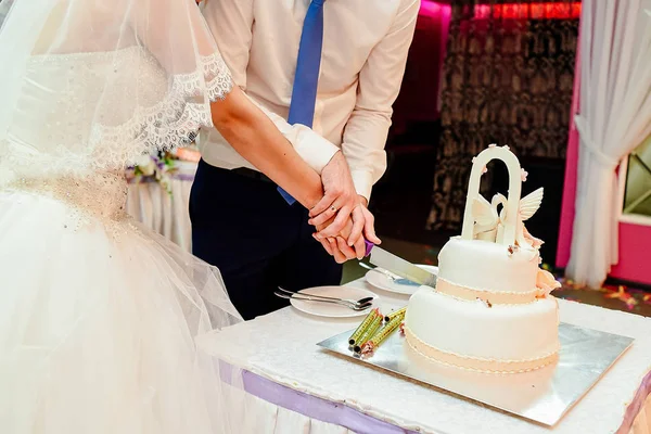 Braut und Bräutigam schneiden weiße zweistöckige Hochzeitstorte an — Stockfoto