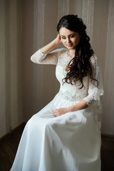 Beautiful Young Bride White Dress Sitting Waiting Groom Indoors Elegant — Stock Photo, Image