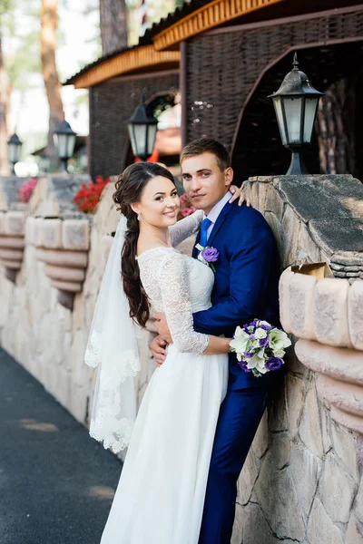 Hermosos Novios Jóvenes Cerca Pared Piedra Parque Pareja Boda Enamorada —  Fotos de Stock