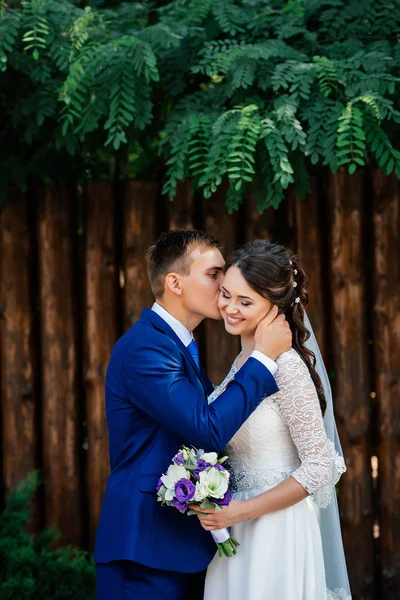 Жених обнимает и целует невесту. Невеста и жених возле деревянной стены из бревен в парке. Свадебная пара влюблена в день свадьбы — стоковое фото
