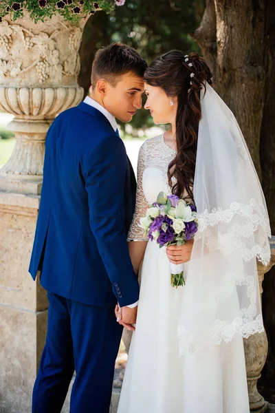 Yong bela noiva e noivo abraços ao ar livre. A noiva abraça o noivo. Casamento casal apaixonado no dia do casamento — Fotografia de Stock