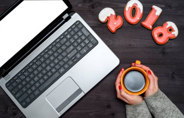 Sıcak kahve holding kadın eller görünümünü en çok, boş beyaz ekran ve yeni yıl 2018 işareti simgesi gingerbread çerezleri, kopya alanı üzerinden dizüstü açın. Düz yatıyordu