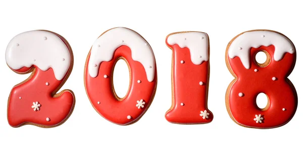 Šťastný nový rok 2018 znaménko symbol od červené a bílé perníčky izolovaných na bílém pozadí. Veselé Vánoce a šťastný nový rok 2018 — Stock fotografie