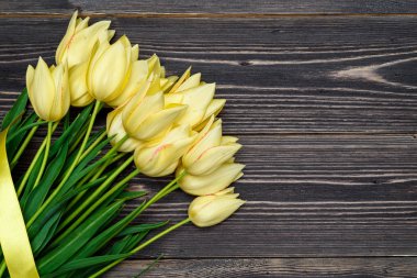 Lale ile kurdele, kopya alanı Grup ile bahar arka plan. Ahşap zemin üzerine sarı laleler. Düz yatıyordu, en iyi görünüm. Sevgililer günü, Woman's Day, anneler günü, Paskalya için tatil tebrik kartı