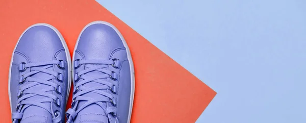 Stylish violet female shoes on blue and lush lava background — 스톡 사진