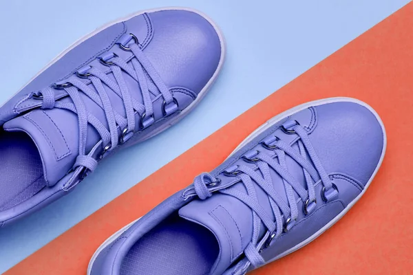 Stylish violet female shoes on blue and lush lava background — 스톡 사진