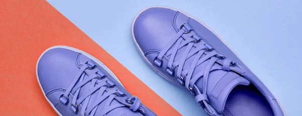 Sapatos femininos violetas elegantes em fundo de lava azul e exuberante — Fotografia de Stock