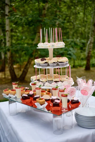 Snoep bar geserveerd met plakjes aardbeientaart, room dessert in glazen, cupcakes en cake pops op tafel buiten, kopieer ruimte. Desserttafel voor verjaardagsfeestje of huwelijksreceptie. Vakantie concept — Stockfoto