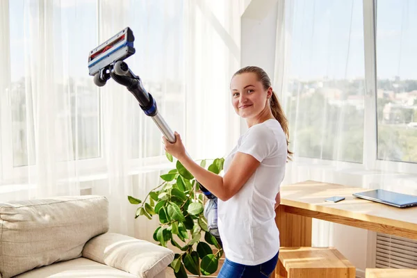 Happy Young Woman White Shirt Holding Wireless Vacuum Cleaner Hands — Stock Photo, Image