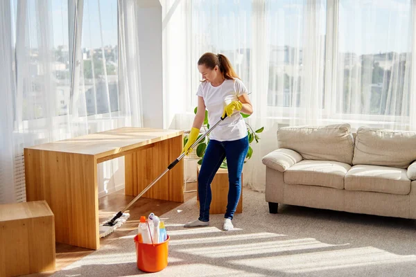 Happy Young Woman Yellow Rubber Gloves Wiping Dust Using Mop — Stock Photo, Image