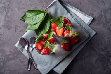 Çilekli su ve nane şekerli bardaklar beton masada gri peçete, kopyalama alanı. Soğuk yaz içkisi. Maden suyu.