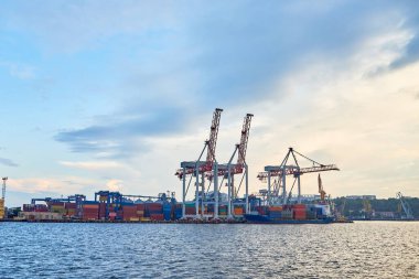 Deniz nakliye endüstriyel limanının kargo konteynır terminali. Kargo vinçleri kaldırılıyor