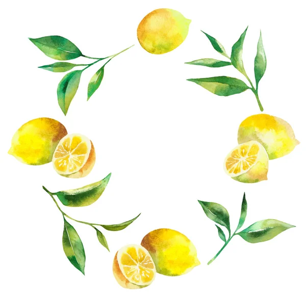 Couronne aquarelle de feuilles de thé et de citrons sur fond jaune — Photo