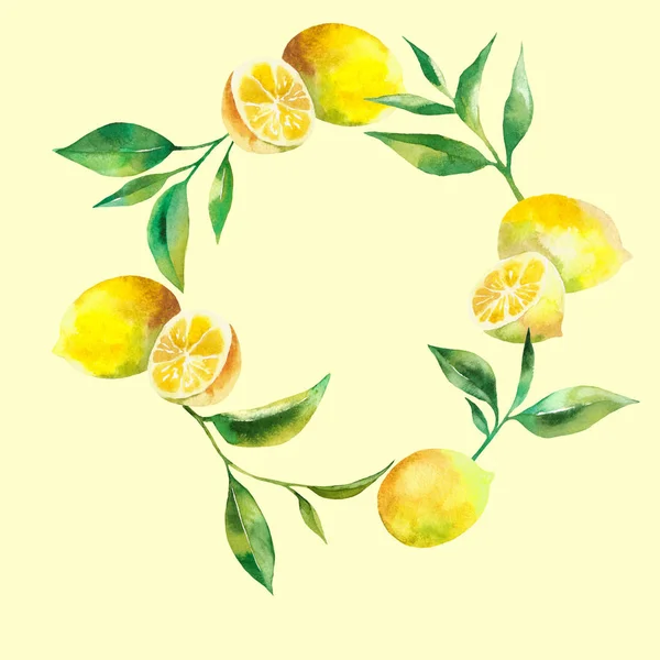 차 잎과 레몬 노란색 배경에 수채화 화 환 — 스톡 사진