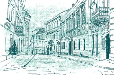 Eski şehir sokak el kroki tarzı çizilmiş.
