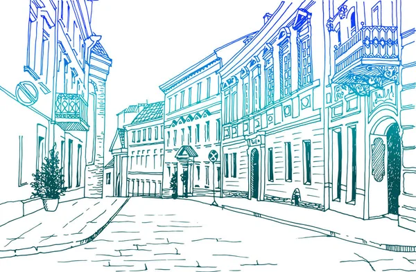 Stare Miasto ulica w ręku ciągnione kolor szkicu stylu. — Wektor stockowy